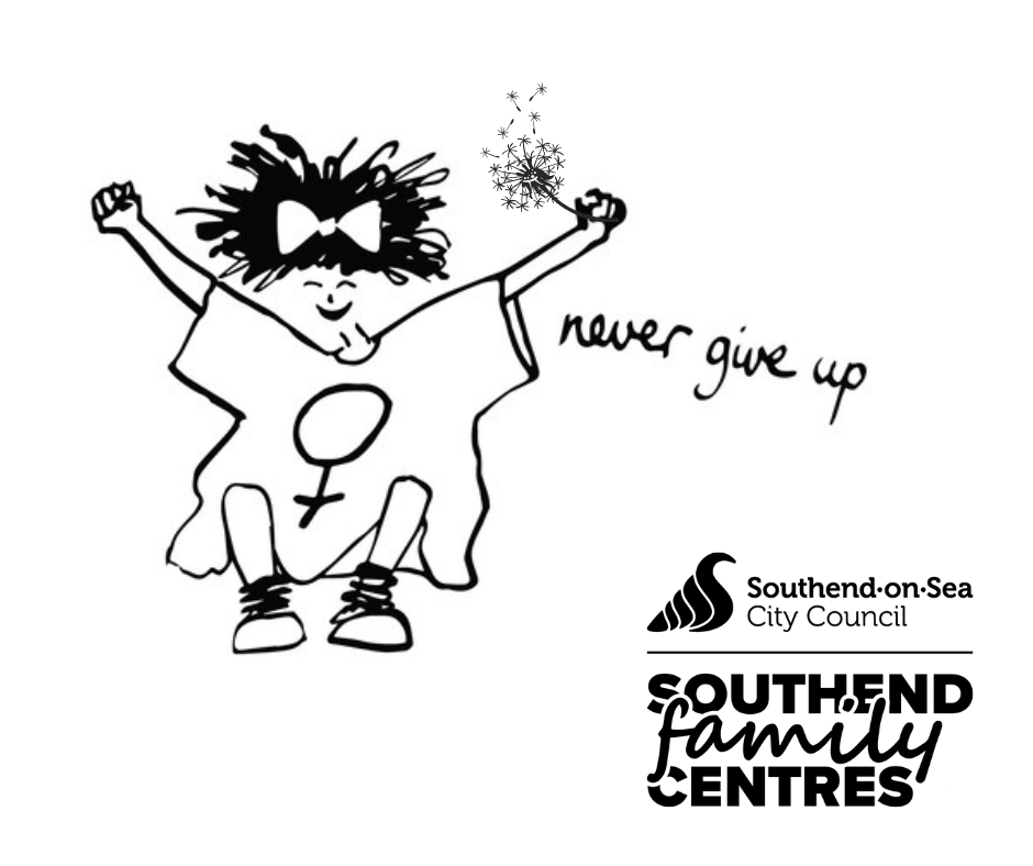 doodle of lady celebrating with the text never give up