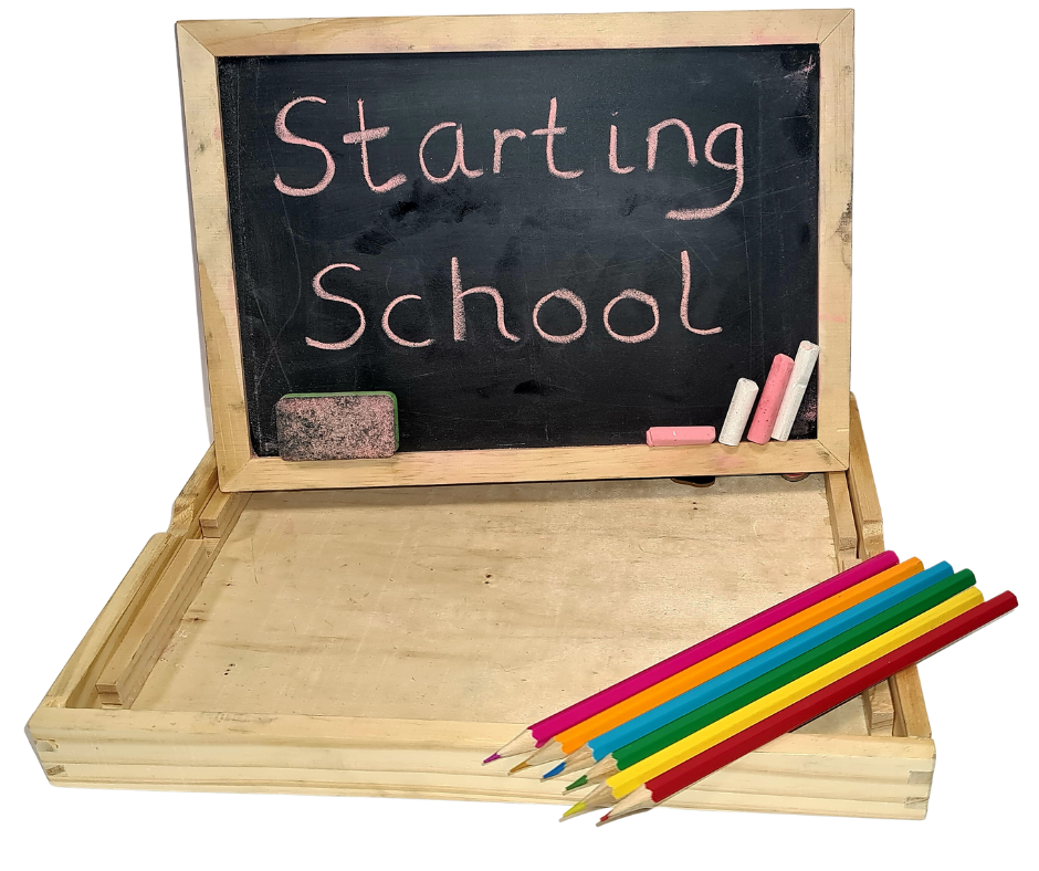 chalkboard and colour pencils with the words starting school