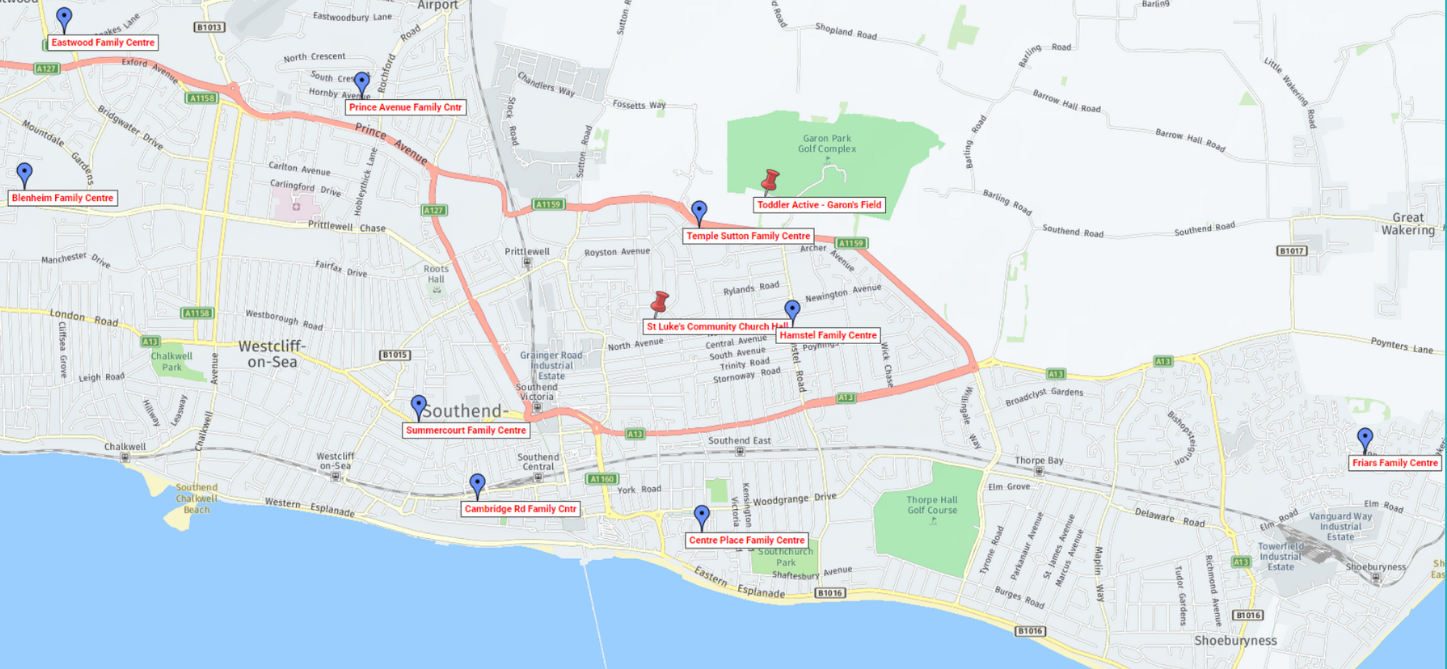 map of southend on sea with pins on the family centre sites